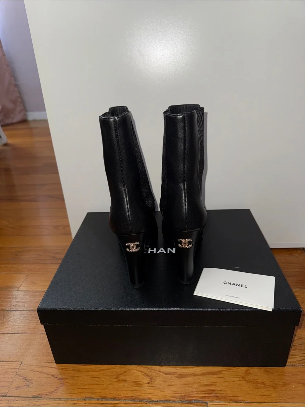 CHANEL Black Leather Mid-Calf Heeled Boots with CC Heel Logo - Picture 4 of 7